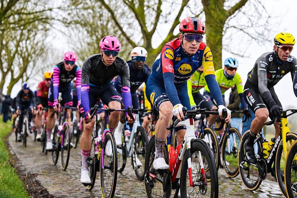 Czech Republic's Mathias Vacek of Lidl-Trek pictured in action during the 81st edition of the men's one-day cycling race Omloop Het Nieuwsblad (UCI World Tour), the opening race of the Flemish one-day classics season, 207,6 km from Gent to Ninove, Saturday 28 February 2026. BELGA PHOTO DAVID PINTENS (Photo by DAVID PINTENS / BELGA MAG / Belga via AFP)