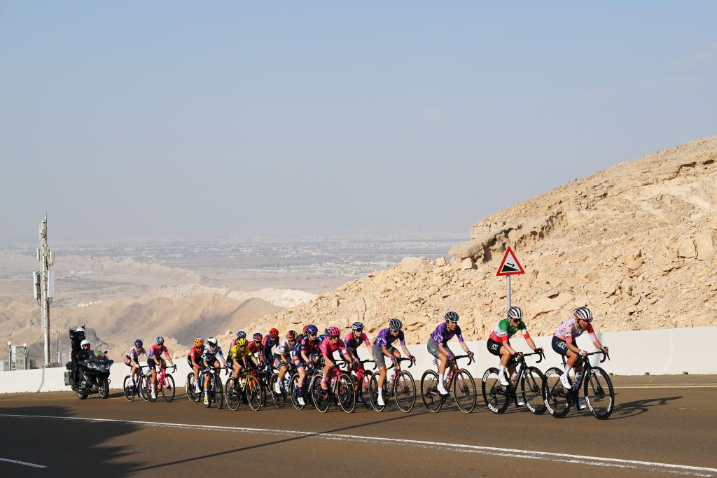 JEBEL HAFEET, UNITED ARAB EMIRATES - FEBRUARY 08: A general view of Silvia Persico of Italy, Elisa Longo Borghini of Italy and UAE Team ADQ, Mavi Garcia of Spain, Monica Trinca Colonel of Italy and Team Liv AlUla Jayco, Antonia Niedermaier of Germany and CANYON//SRAM zondacrypto, Cedrine Kerbaol of France and Team EF Education-Oatly, Juliette Labous of France and Team FDJ - SUEZ, Kimberley Le Court Pienaar of Mauritius and AG Insurance - Soudal Team, Pauline Ferrand-Prevot of France and Team Visma