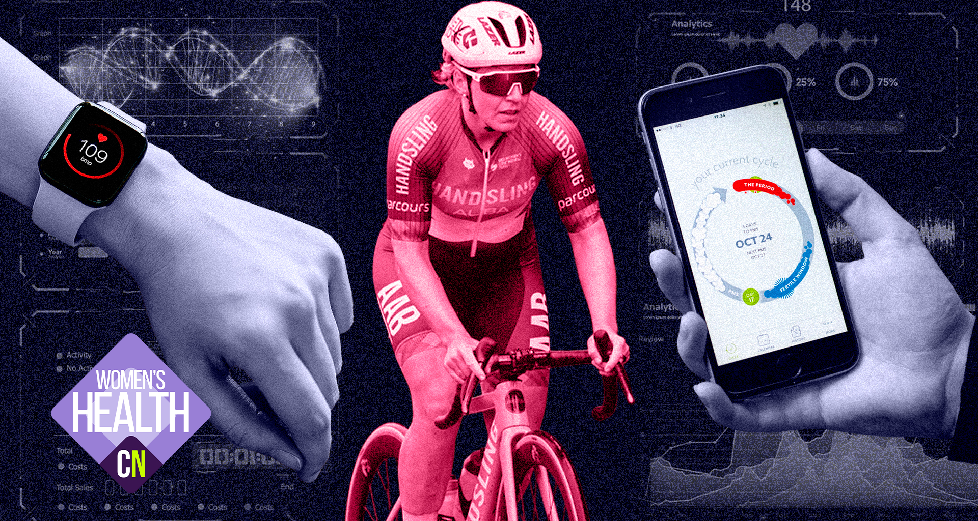 Female cyclist and health trackers