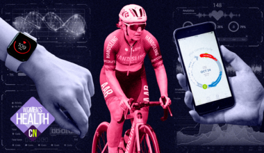 Female cyclist and health trackers