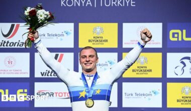 Matt Richardson celebrates winning the men's sprint European title at the 2026 European Track Cycling Championships in Turkey