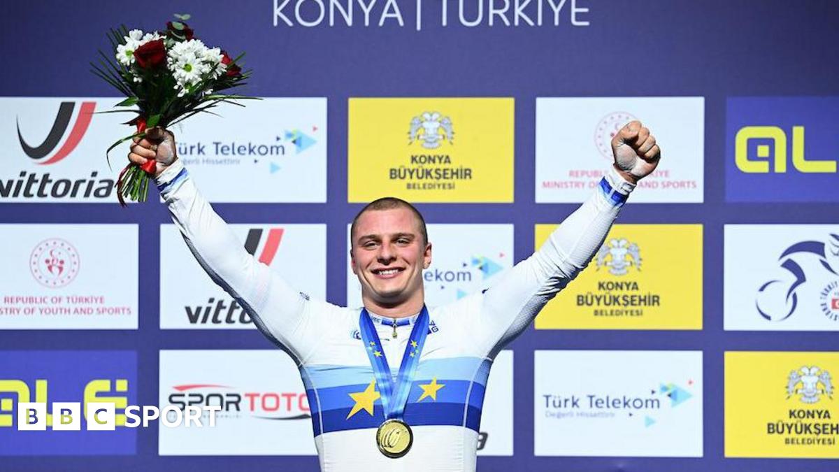 Matt Richardson celebrates winning the men's sprint European title at the 2026 European Track Cycling Championships in Turkey