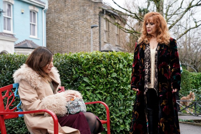 Elaine Peacock standing over Bea Pollard in EastEnders