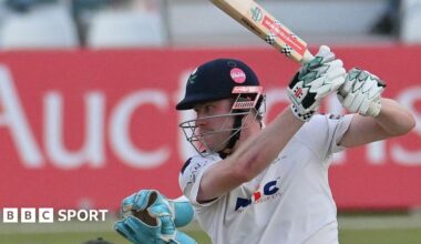 Matthew Revis batting for Yorkshire with a helmet on with wicket-keeper gloves visible behind him