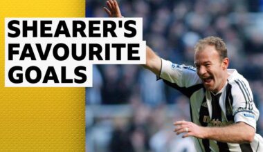 Alan Shearer celebrating his record-breaking Newcastle goal against Portsmouth