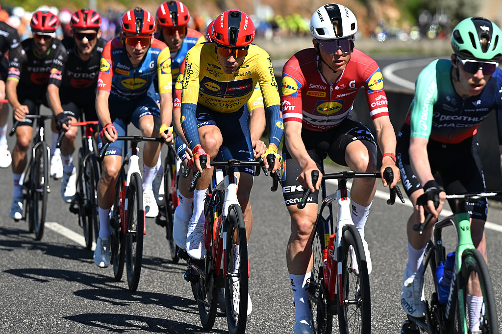 LAGOS, PORTUGAL - FEBRUARY 21: Juan Ayuso of Spain and Team Lidl - Trek - Yellow Leader Jersey competes during the 52nd Volta ao Algarve em Bicicleta 2026, Stage 4 a 175.1km stage from Albufeira to Lagos on February 21, 2026 in Lagos, Portugal. (Photo by Dario Belingheri/Getty Images)