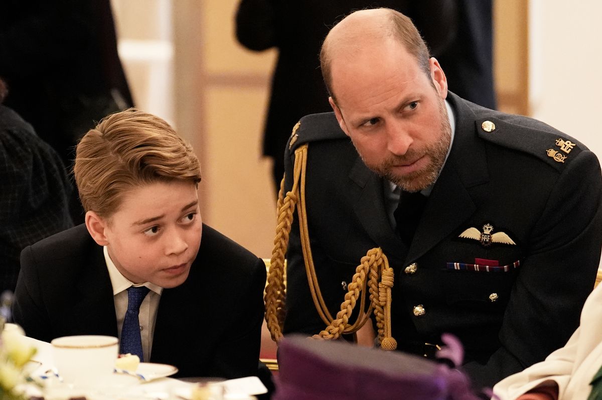 Prince William, Prince of Wales and Prince George join Second World War veterans at a tea party in Buckingham Palace following the military procession to mark the 80th anniversary of VE Day on May 5, 2025 in London, England.