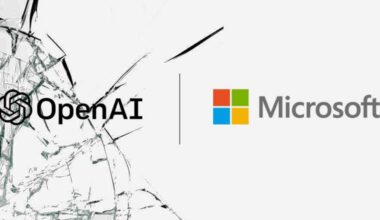 OpenAI and Microsoft logos on a cracked screen