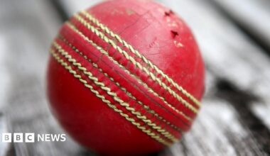 Image is an aerial artist's impression of the new Lancashire County Cricket ground. The pitch is surrounded by spectators, with trees bordering the perimeter. There is also a steeped terrace area at the left-hand side of the photo.