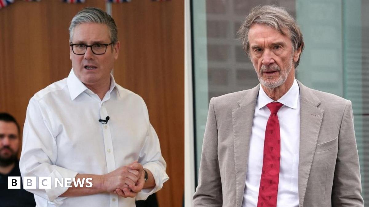 Sir Jim Ratcliffe, who has brown greying hair and a grey stubble beard, wears a beige linen suit jacket with a white shirt and red tie