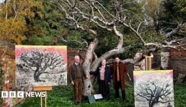 Two men and a woman standing in front of the Bramley apple.