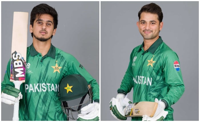 Pakistan cricketers Saim Ayub (left) and Khawaja Nafay pose for photographs ahead of Pakistans opening match against the Netherlands in the ICC Mens T20 World Cup on February 7, 2026. — Facebook/@PakistanCricketBoard/File