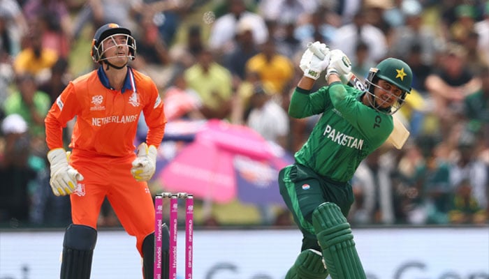 Pakistans Saim Ayub plays a shot against the Netherlands in the ICC Mens T20 World Cup 2026 opener at Colombo’s Sinhalese Sports Club (SSC) Ground on Saturday. — X@TheRealPCB
