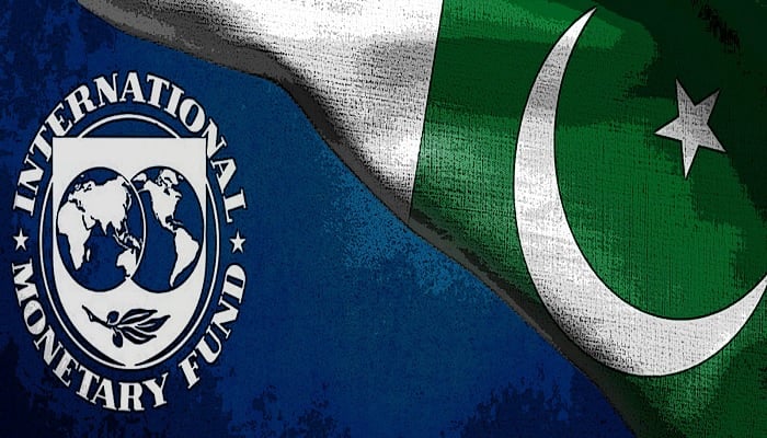 A representational image shows the International Monetary Fund (IMF) name on a blue background alongside the Pakistan flag. — Unsplash
