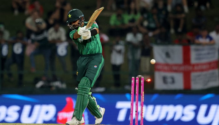 Babar Azam is bowled out by Englands Jamie Overton during Pakistan vs England match in the ICC T20 World Cup 2026 at Pallekele International Cricket Stadium, Kandy, Sri Lanka on February 24, 2026. — Reuters