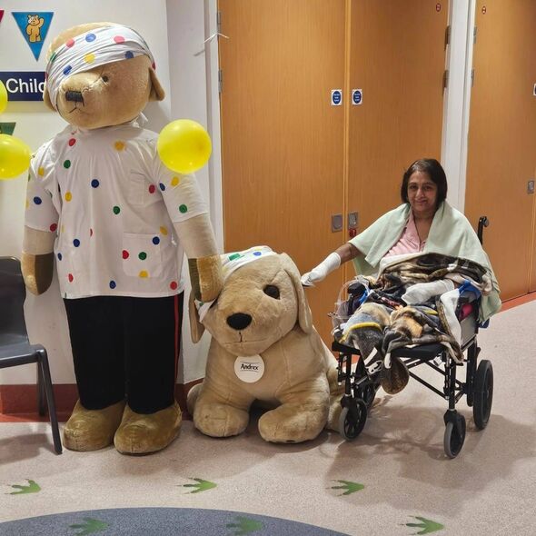 A mascot resembling a dog in hospital attire and holding balloons stands next to a person in a wheelchair, who appears to be eng
