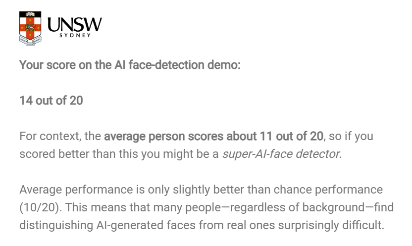 A screenshot of the UNSW Sydney's AI face-detection demo. A user has scored 14/20, which is above the average of 11/20 (which itself is only slightly better than 'chance performance').