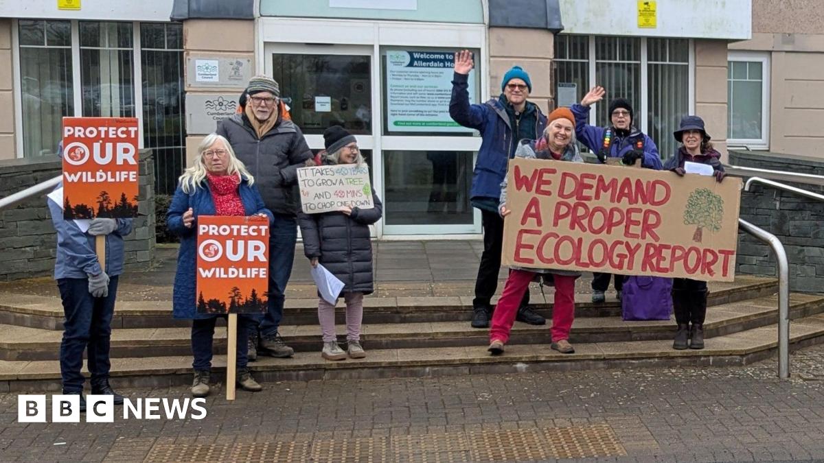 Campaigners outside Cumberland Council headquarters. They hold reading, protect our wildlife. Another reads, we demand a proper ecology report.