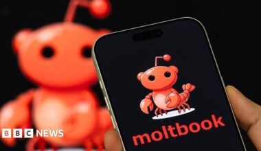 The moltbook logo of a reddit avatar on top of a lobster on a phone, against a blurred picture of the logo in the background