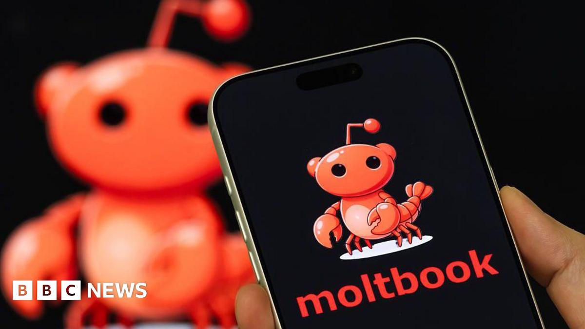 The moltbook logo of a reddit avatar on top of a lobster on a phone, against a blurred picture of the logo in the background