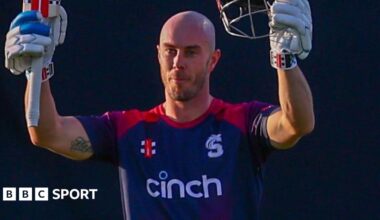 Chris Lynn celebrates scoring century