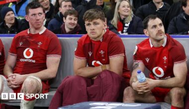 Wales players Adam Beard, Alex Mann and Tomos Williams look dejected after losing to England at Twickenham