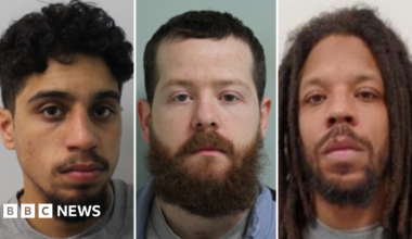 Mugshots of three men in grey sweaters with neutral expressions. All three have beards and moustaches. The man on the right has dreadlocks