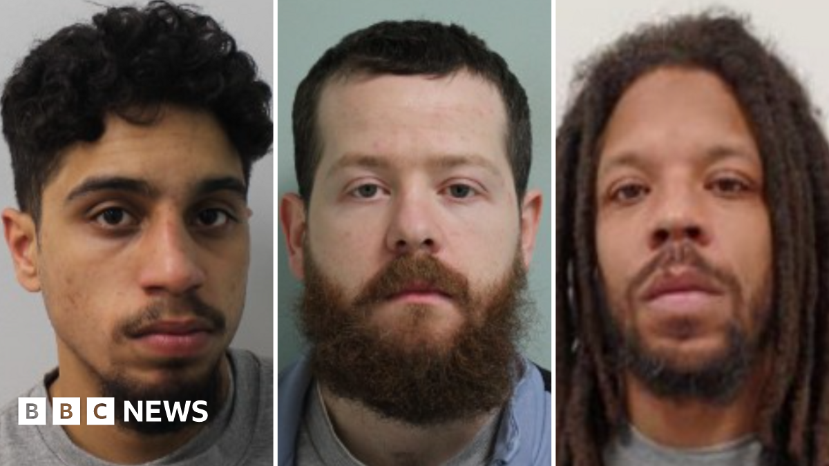 Mugshots of three men in grey sweaters with neutral expressions. All three have beards and moustaches. The man on the right has dreadlocks