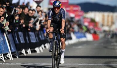 YECLA, SPAIN - FEBRUARY 13: Thomas Pidcock of Great Britain and Team Pinarello Q36.5 Pro Cycling crosses the finish line as third place winner during the 46th Vuelta a la Region de Murcia 2026, Stage 1 a 83.5km stage from Fortuna to Yecla 598m / The race has been neutralized due to strong winds and will resume again at 2pm from the town of Fortuna / on February 13, 2026 in Yecla, Spain.