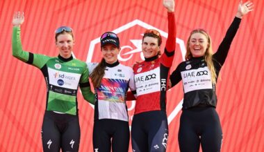 ABU DHABI BREAKWATER, UNITED ARAB EMIRATES - FEBRUARY 09: (L-R) Lorena Wiebes of Netherlands and Team SD Worx - Protime - Green Points Jersey, Antonia Niedermaier of Germany and CANYON//SRAM zondacrypto - White best young jersey, Elisa Longo Borghini of Italy and UAE Team ADQ - Red Leader Jersey and Lara Gillespie of Ireland and UAE Team ADQ - Black intermediate sprint jersey celebrate at podium during the 3rd UAE Tour Women, Stage 4 a 127km stage from Abu Dhabi Fatima Bint Mubarak Ladies Academy to Abu Dhabi Breakwater / #UCIWWT / on February 09, 2025 in Abu Dhabi Breakwater, United Arab Emirates. (Photo by Tim de Waele/Getty Images)