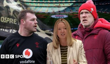 Wales captain Dewi Lake, Welsh Rugby Union chief executive Abi Tierney and Wales head coach Steve Tandy