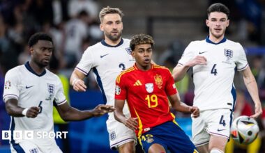 Spain's Lamine Yamal is surrounded by England players Declan Rice, Luke Shaw and Marc Guehi
