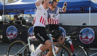 Luke Fetzer (left) and Lucas Bourgoyne start Race #2 in SoCal Series on Feburary 1, 2026 in US national jerseys for Team Cadence Cyclery p/b Waldo Racing