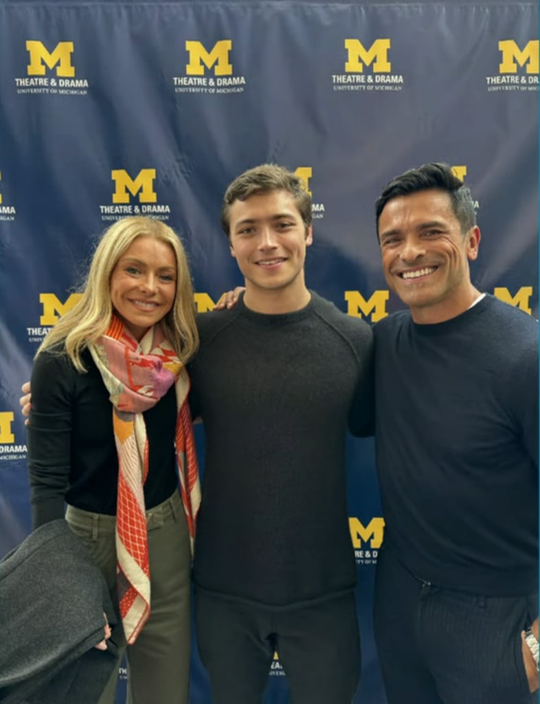 Kelly Ripa and Mark Consuelos embrace Joaquin Consuelos ahead of his graduation ceremony showcase at the University of Michigan, shared on LIVE with Kelly and Mark