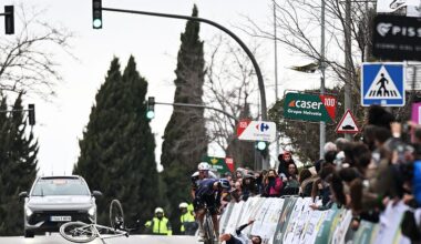 UBEDA, SPAIN - FEBRUARY 16: A general view of Thomas Pidcock of Great Britain and Team Pinarello Q36.5 Pro Cycling and Jan Christen of Switzerland and UAE Team Emirates - XRG sprint at finish line while Maxim Van Gils of Belgium and Team Red Bull - BORA - hansgrohe reacts after crashing at the finish line during the 5th Clasica Jaen Paraiso Interior 2026 a 154.2km one day race from Ubeda to Ubeda on February 16, 2026 in Ubeda, Spain.