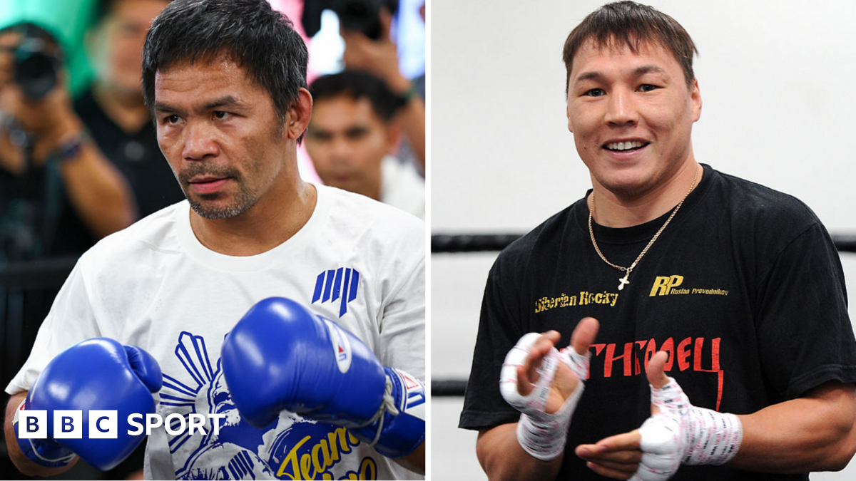 Manny Pacquiao on the left is wearing a white T-shirt and holding up his hands in blue boxing gloves. Ruslan Provodnikov is wearing a black T-shirt and clapping his hands