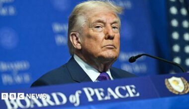 US President Donald Trump photographed during a Board of Peace gathering in Washington DC on February