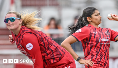 Sophie Ecclestone bowling on the left while wearing sunglasses and Mahika Gaur bowling on the right