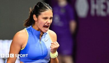 Emma Raducanu celebrating on a tennis court