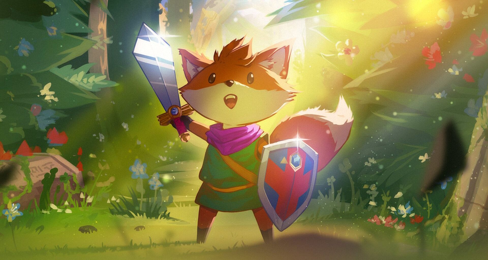Tunic key art - bipedal fox holding a sword and shield