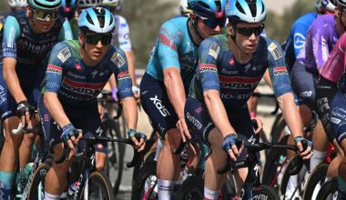 ABU DHABI, UNITED ARAB EMIRATES - FEBRUARY 16: (L-R) Ilan Van Wilder of Belgium and Alberto Dainese of Italy and Team Soudal Quick-Step compete during the 8th UAE Tour 2026, Stage 1 a 144km stage from Madinat Zayed Majlis to Liwa Palace on February 16, 2026 in Abu Dhabi, United Arab Emirates. (Photo by Tim de Waele/Getty Images)