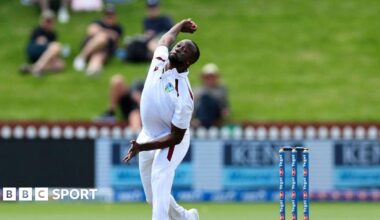 West Indies pace bowler Kemar Roach releases the ball against New Zealand in the Second Test at the Basin Reserve
