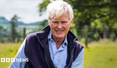 Multiple green fields surrounded by hedgerows and trees can be seen right along a section of the coast, with farm buildings and smaller buildings seen in the distance. Mountains can also be seen in the distance.