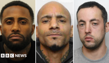 Composite shows mugshots of three men with neutral expressions. The two on the left have tattoos