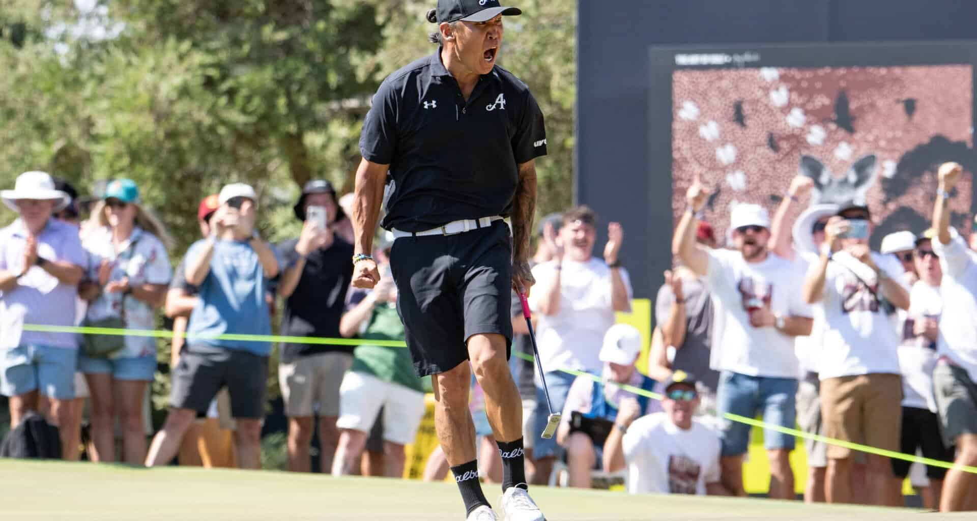 Anthony Kim of 4Aces GC reacts to his putt on the 15th green during the final round of the LIV Golf Adelaide at Grange Golf Club