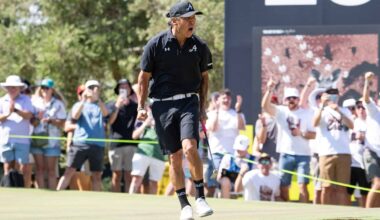 Anthony Kim of 4Aces GC reacts to his putt on the 15th green during the final round of the LIV Golf Adelaide at Grange Golf Club
