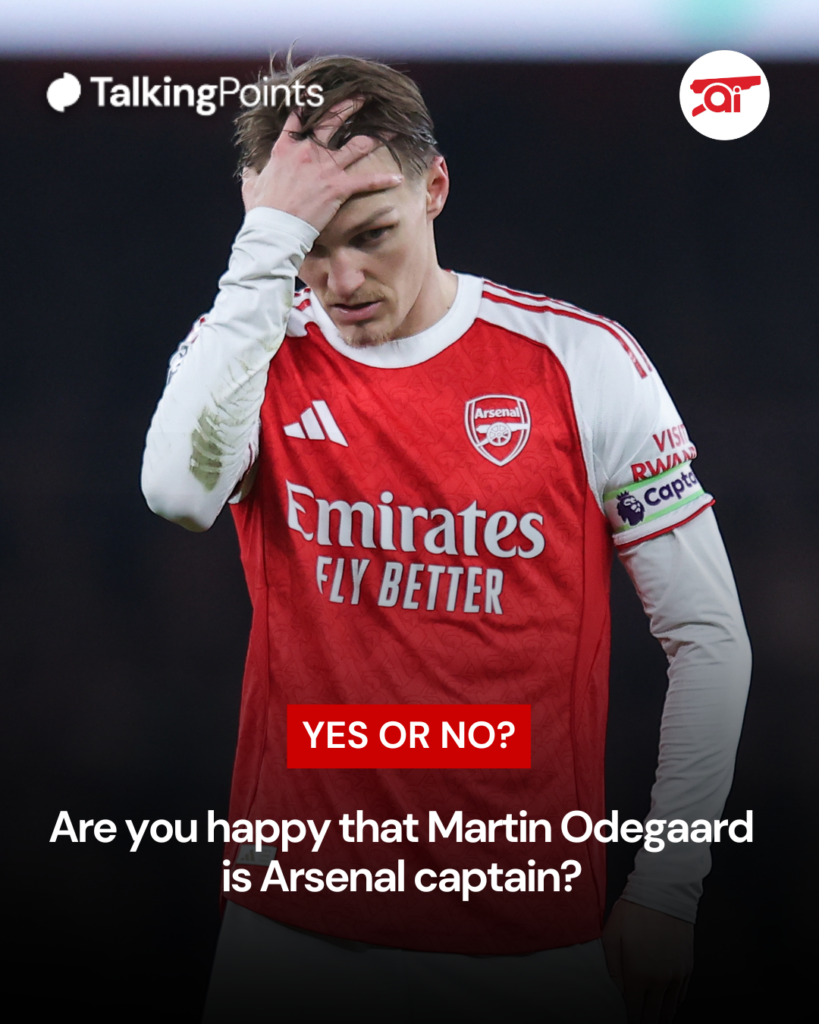 A graphic asking if Arsenal fans are happy that Martin Odegaard is club captain.
