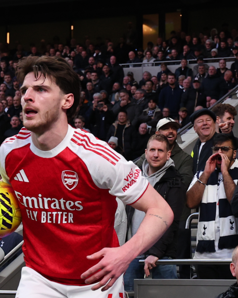Arsenal midfielder Declan Rice is taunted by Tottenham fans during the North London Derby.
