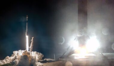 a split-screen view of a rocket launch and a first stage landing, both at night