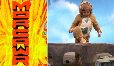A split image: on the left, bold orange and black text reads "MORGASWAR" against a fiery yellow background; on the right, a child in a fuzzy dinosaur costume stomps over a model bridge and toy buildings.